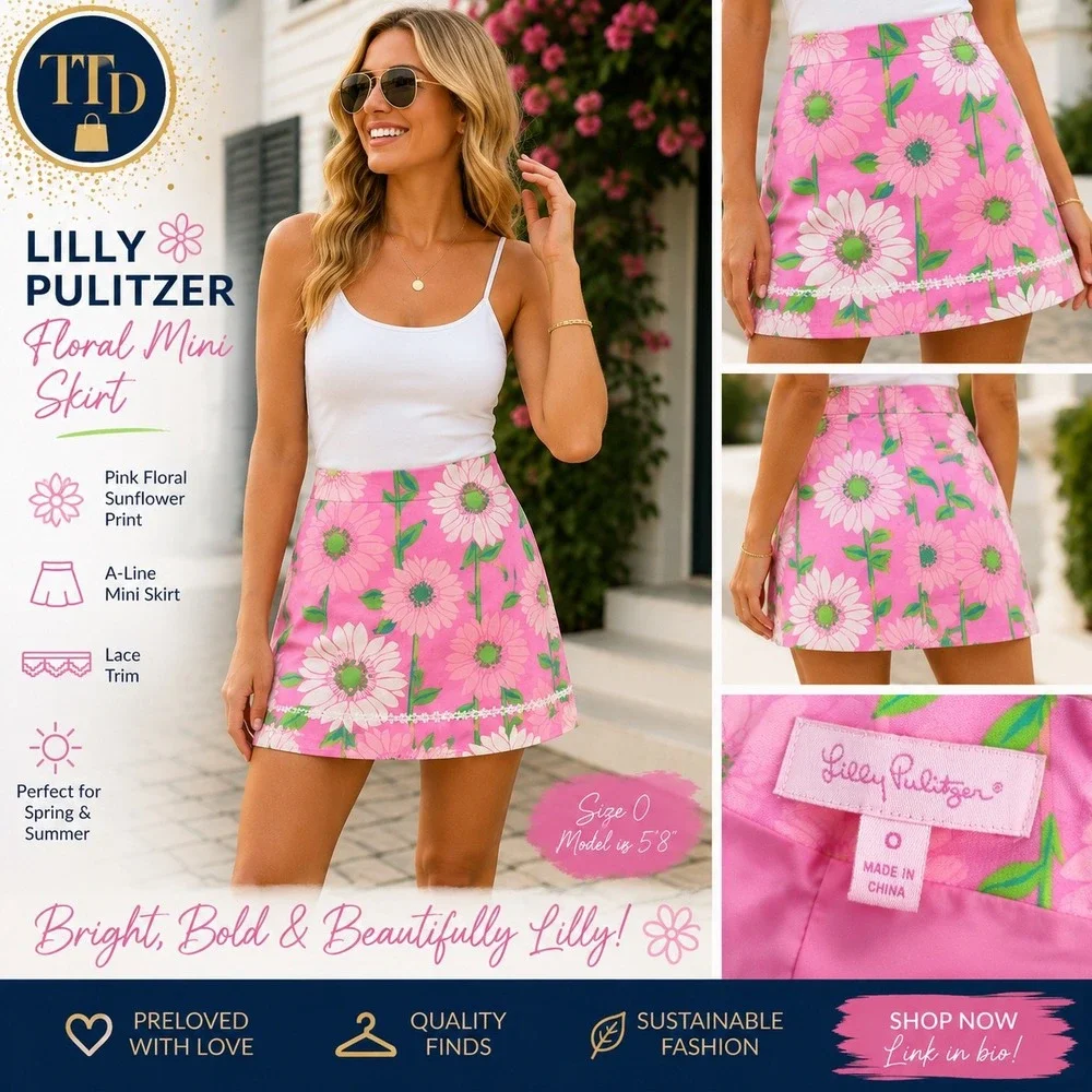 Lilly Pulitzer Pink Floral Sunflower‎ Mini Skirt Lace Trim A-Line Womens